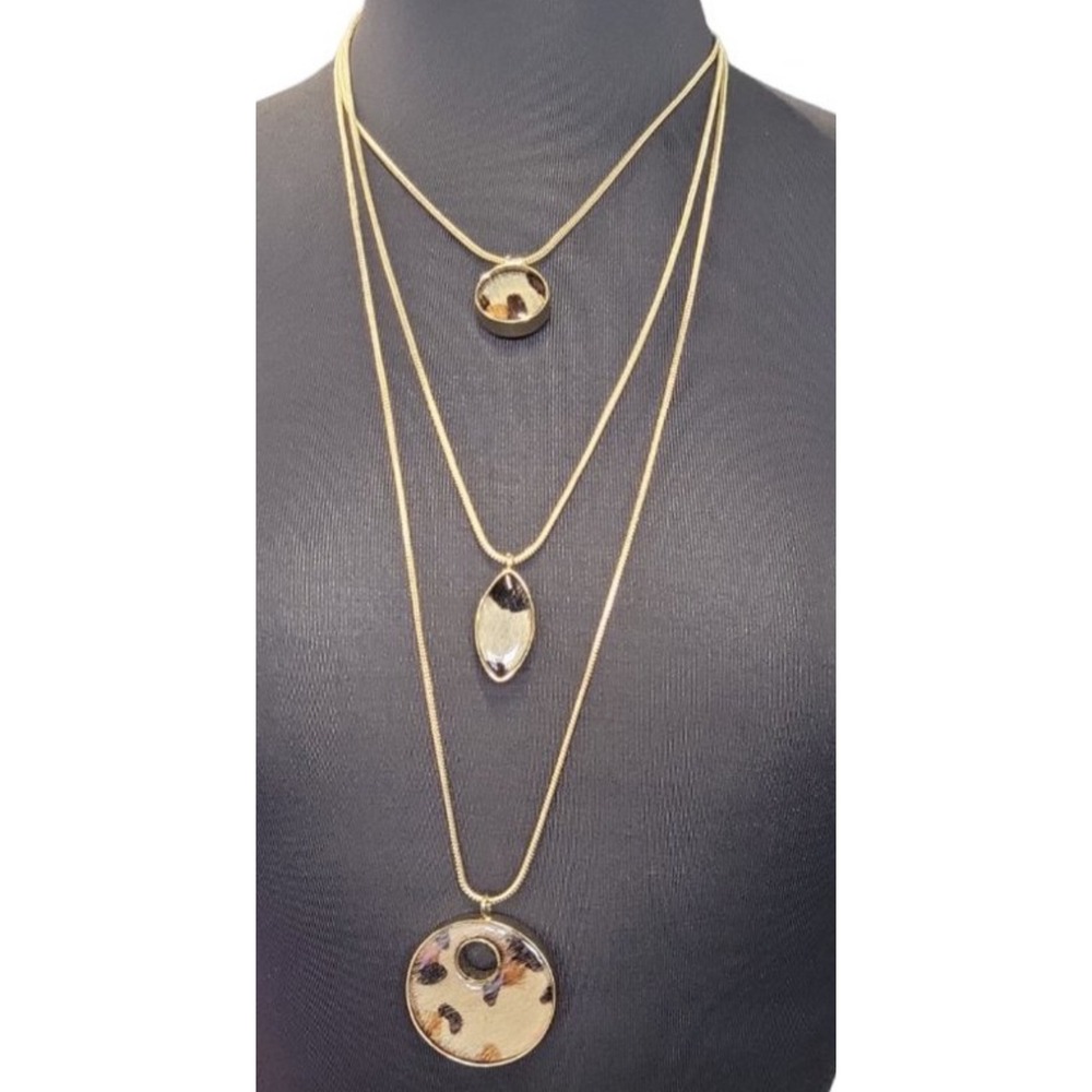 Chico's Layered‎ Necklace Leopard Print Pendant Gold Tone Statement Jewelry